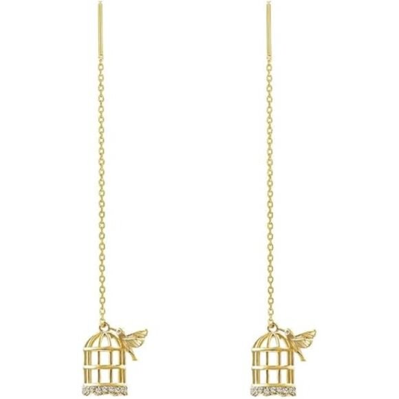 14K Gold Plated Hummingbird Cage Tassel Earrings - Picture 1 of 5